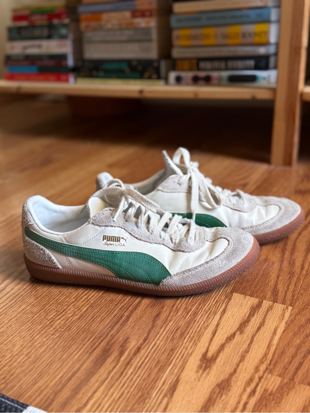 Puma Super Liga Retro Sneakers White with Green Stripe and Gum Sole - Picture 2 of 8
